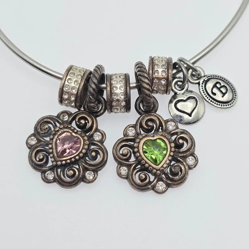 BRIGHTON Expandable Charm Bracelet Pink Green Crystals Ornate Silver Plate 8